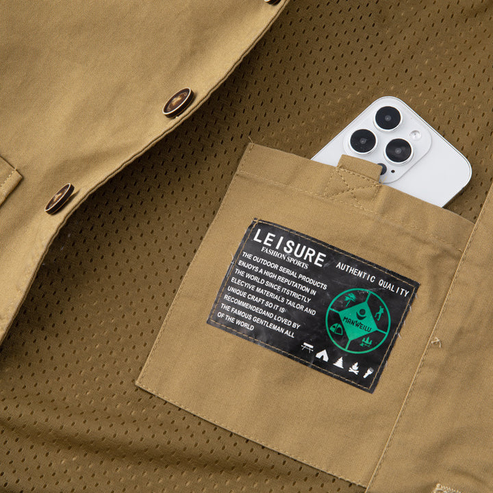 Herren Ärmellose Utility-Canvas-Weste mit V‑Ausschnitt, Knopfleiste und aufgesetzten Taschen Echoarchiv