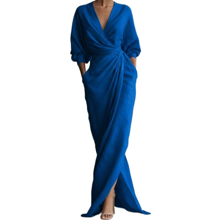 Damen Drapiertes Wickel-Maxikleid mit tiefem V-Ausschnitt, Taillen-Twist und Eingrifftaschen – Valéora