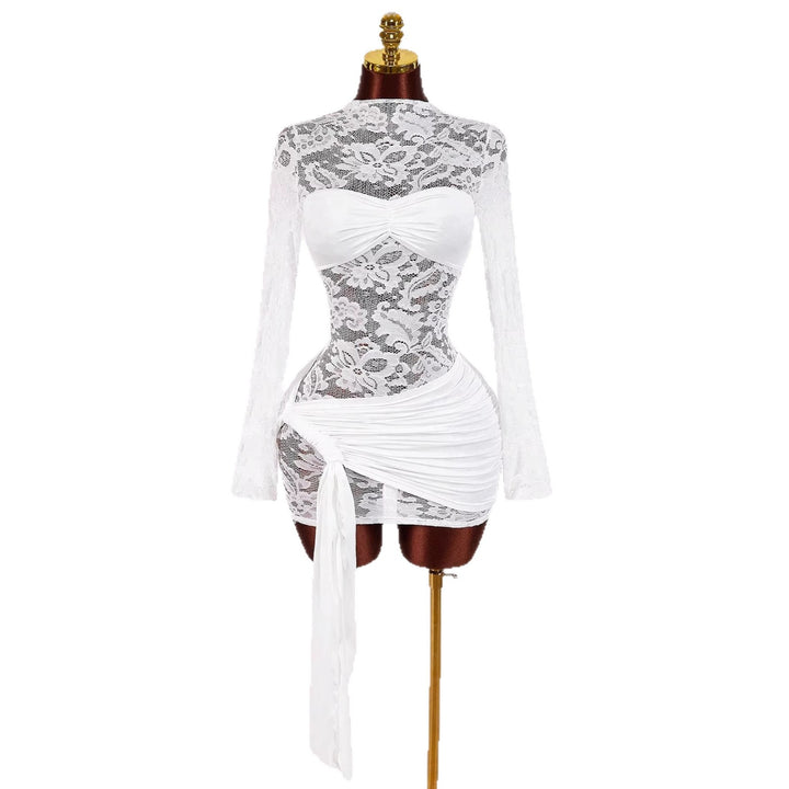 Damen nan transparentes Spitzen-Minikleid mit Bandeau-Einsatz, gerafftem Wickelrock und langen Ärmeln Echo Archiv