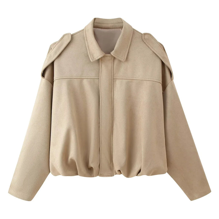 Damen kurz geschnittene Oversized-Blousonjacke mit Schulterklappen, verdeckter Frontleiste und elastischem Kordelsaum – Célinea