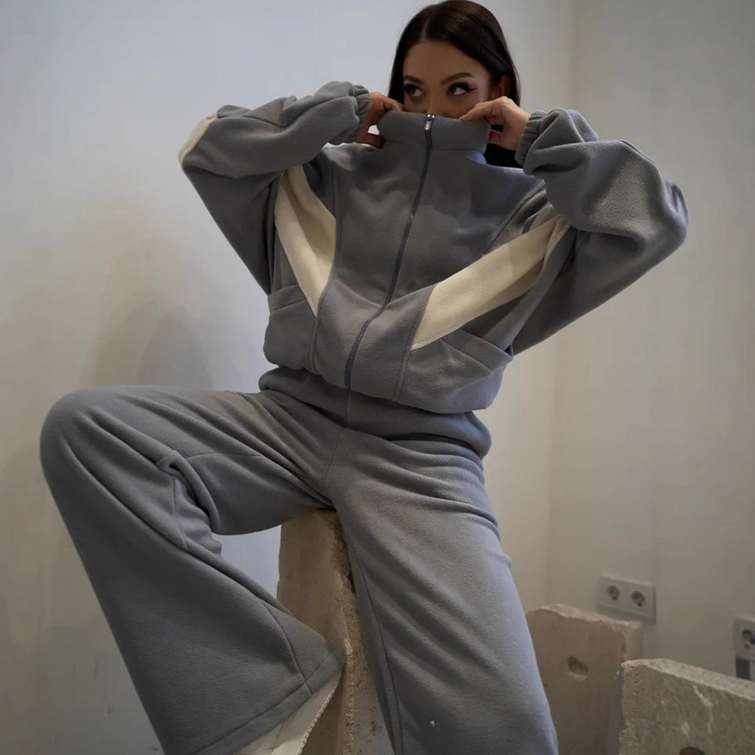 Damen Oversized Fleece-Lounge-Set mit Stehkragen, Reißverschlussjacke und weiter Palazzohose – Auréline