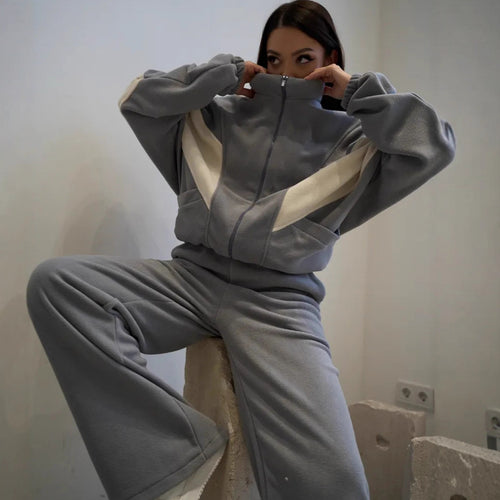 Damen Oversized Fleece-Lounge-Set mit Stehkragen, Reißverschlussjacke und weiter Palazzohose – Auréline
