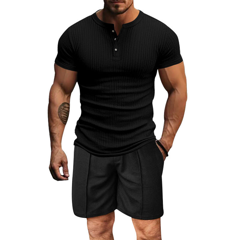 Herren atmungsaktives Henley-T-Shirt mit strukturierter Oberfläche und kurzen Ärmeln Echoarchiv
