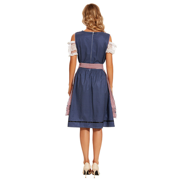 Damen nan traditionelles Trachtenkleid mit Schnürmieder, Spitzenärmeln und karierter Schürze Echo Archiv