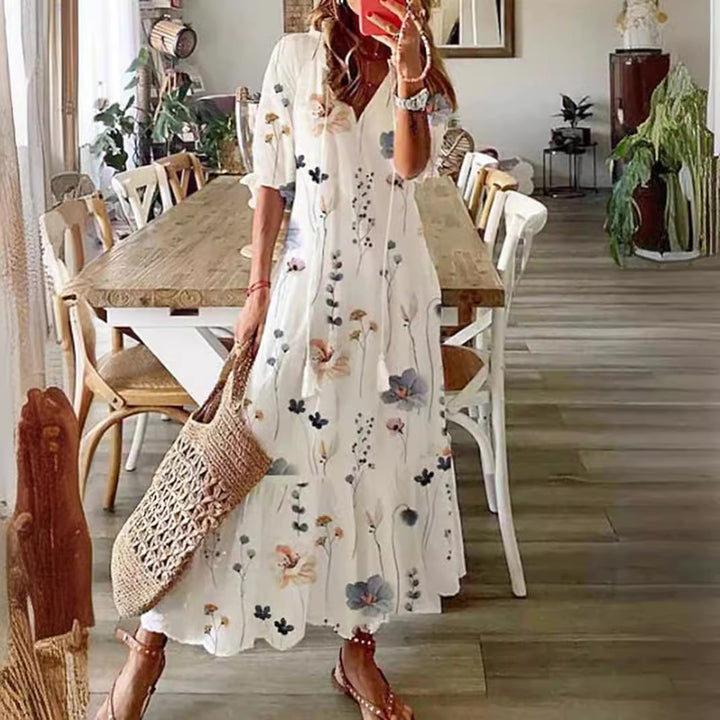 Damen nan luftiges Maxikleid in A-Linie mit V-Ausschnitt, legeren Aufschlagärmeln und floralem Alloverprint Echo Archiv