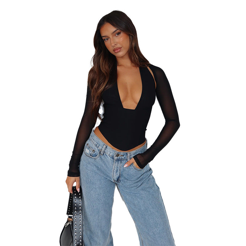 Damen Hochgeschlossenes Crop-Top mit transparenten Ärmeln Echo Archiv