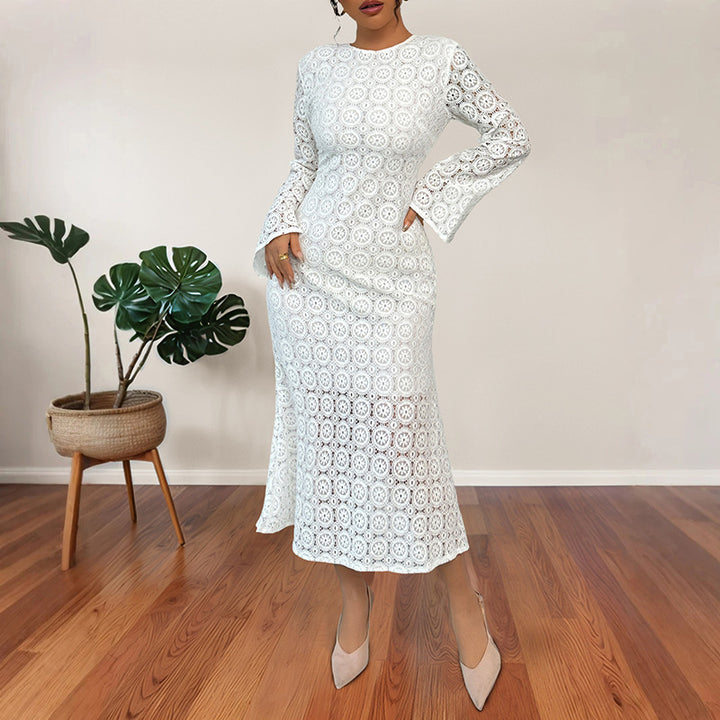 Damen Midikleid aus Häkelspitze mit taillierter Silhouette, Trompetenärmeln und ausgestelltem Saum Echoarchiv