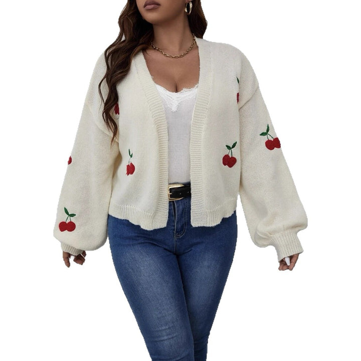 Damen Kurzgeschnittener Oversize-Cardigan mit Kirsch-Stickerei – Veloura