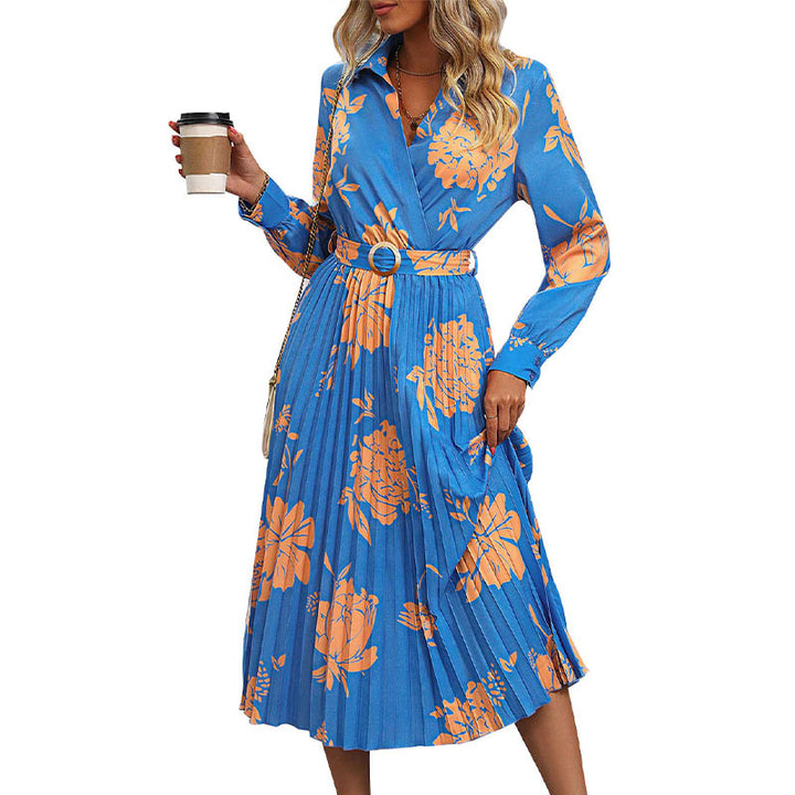 Damen Plissiertes Hemdblusenkleid mit Wickel‑V‑Ausschnitt, Taillengürtel und floralem Print Echoarchiv
