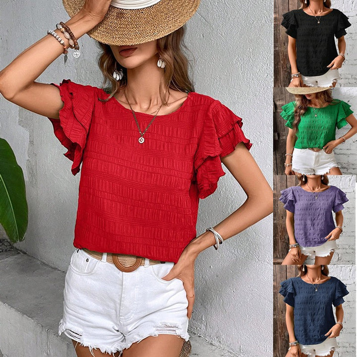 Damen Kurzarm-Bluse mit Smok-Effekt und Volantärmeln Echo Archiv