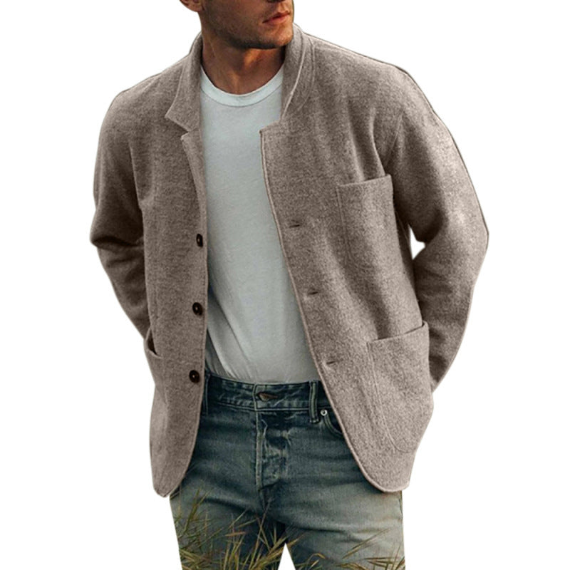 Herren Unstrukturierter Wollmix-Cardigan-Blazer mit Knopfleiste und aufgesetzten Taschen – Tianoro