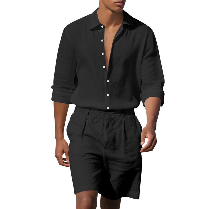 Herren elegantes Kurzarmhemd mit modischem Aufschlagkragen und lässigen Bermuda-Shorts Echoarchiv