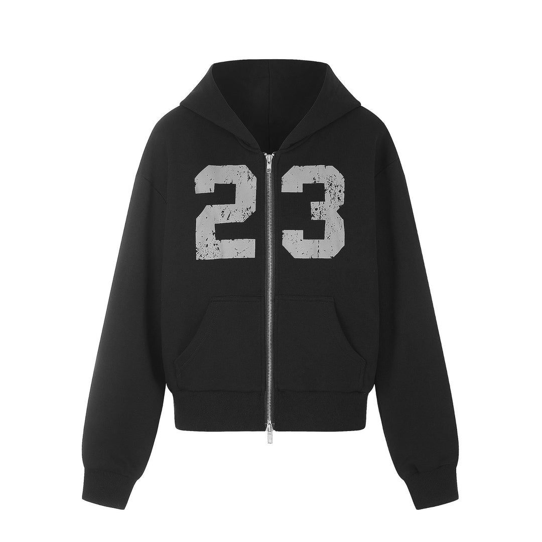 Damen Zip‑Hoodie im Boxy‑Schnitt mit Kängurutasche und Nummernprint Echoarchiv