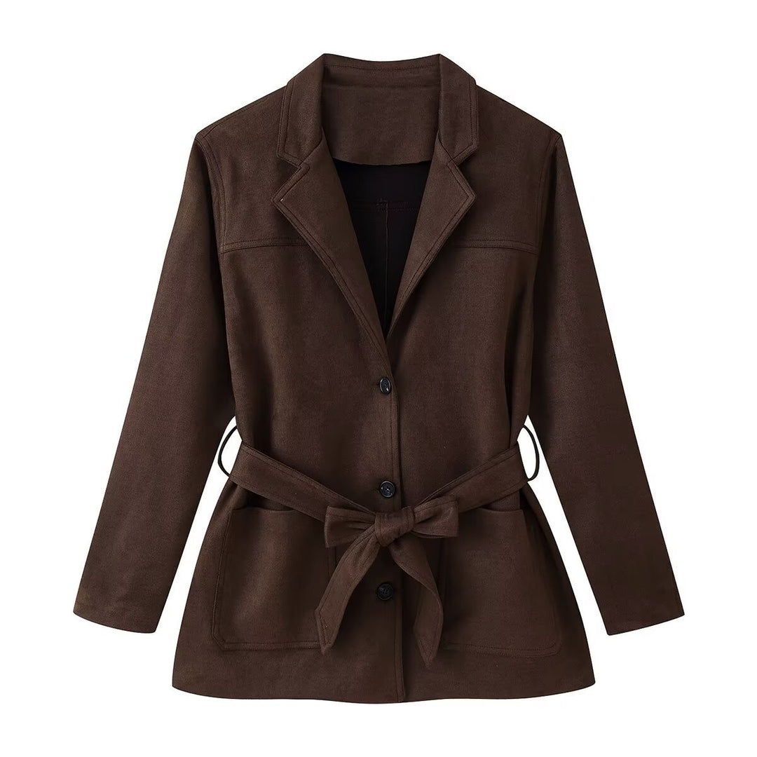 Damen Taillierter Wildlederoptik-Blazer mit Bindegürtel und aufgesetzten Taschen Echo Archiv