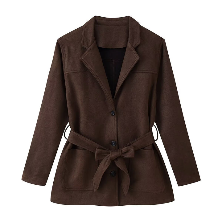 Damen Taillierter Wildlederoptik-Blazer mit Bindegürtel und aufgesetzten Taschen Echo Archiv