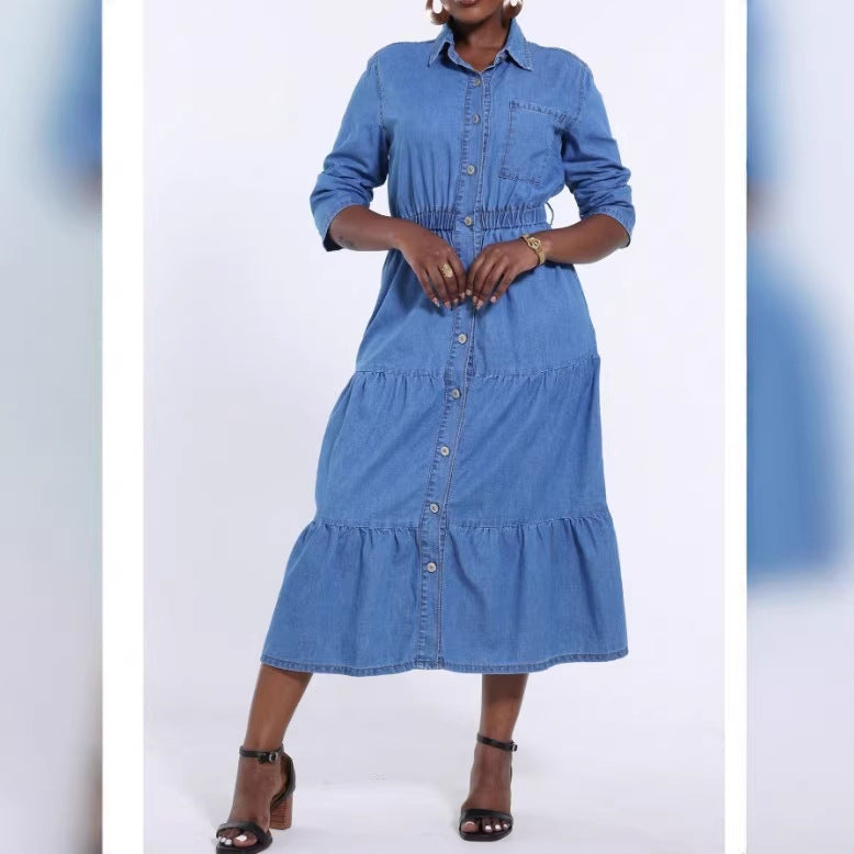 Damen Langes Denim‑Kleid mit Stufenrock, Hemdkragen und taillenbetontem Gummizug Echo Archiv