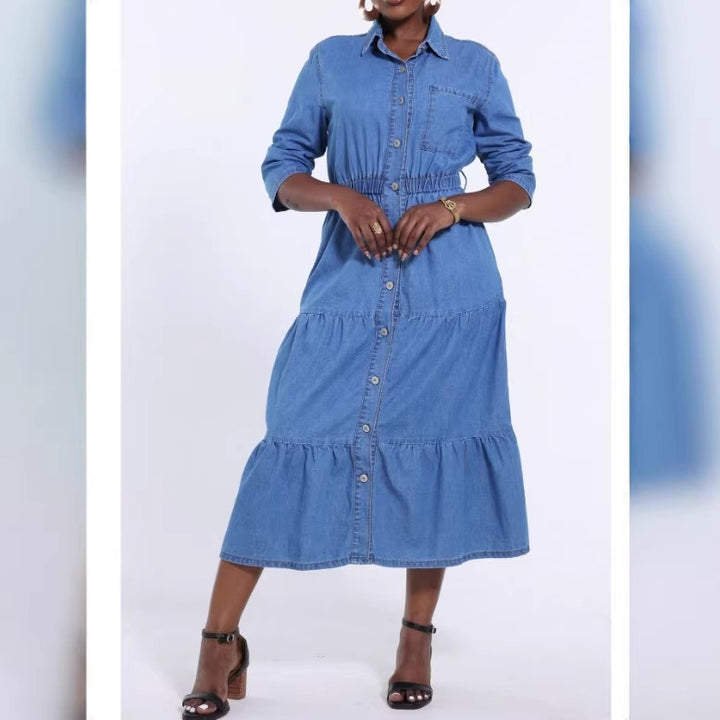 Damen Langes Denim‑Kleid mit Stufenrock, Hemdkragen und taillenbetontem Gummizug Echo Archiv