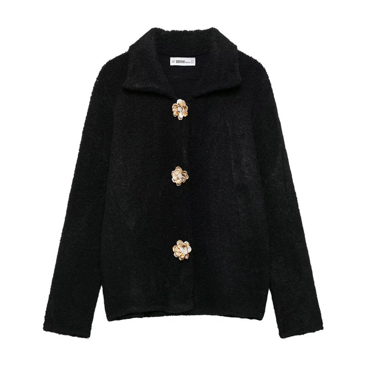 Damen kurze Bouclé-Teddyjacke mit dekorativen Blumenknöpfen, Hemdkragen und kastigem Schnitt – Célinea