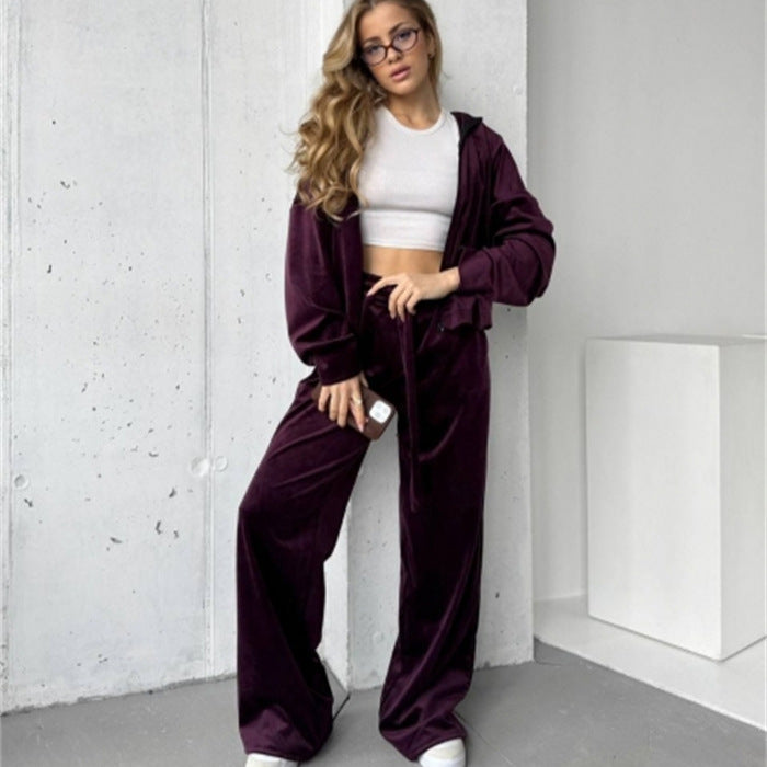 Damen weicher Velours-Trainingsanzug mit Kapuze, Reißverschluss und weitem Bein – Avérine