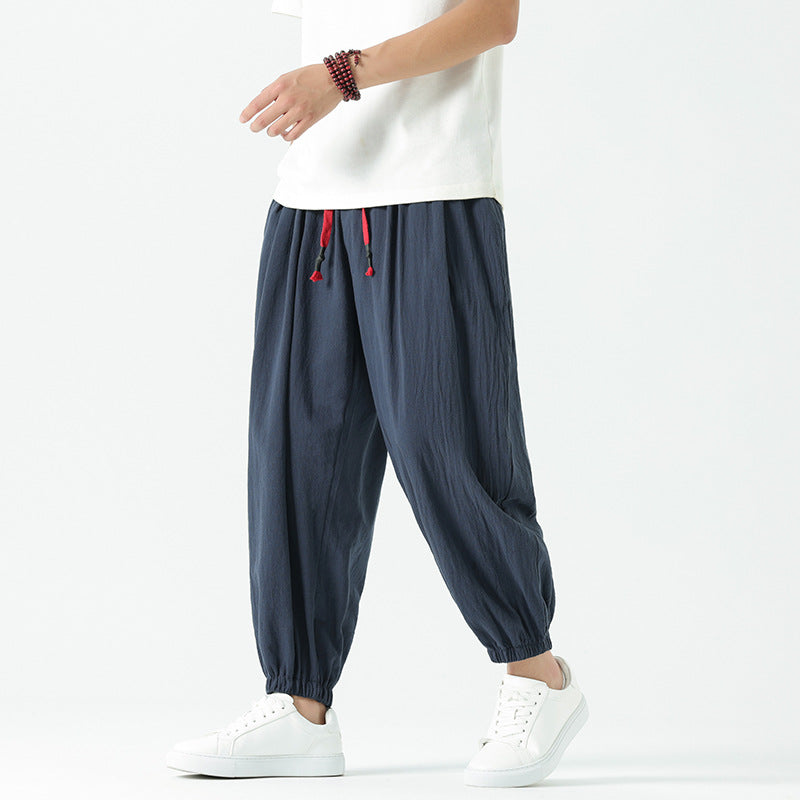 Herren nan locker geschnittene Leinen-Baumwoll Hose mit Kordelzug und elastischen Bündchen Echo Archiv