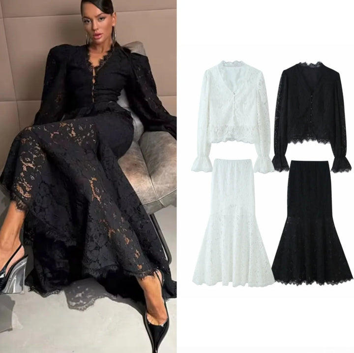 Damen 20+ zweiteiliges Spitzen‑Set: taillierte Bluse mit Volantärmeln und ausgestelltem Mermaid‑Midirock Echo Archiv