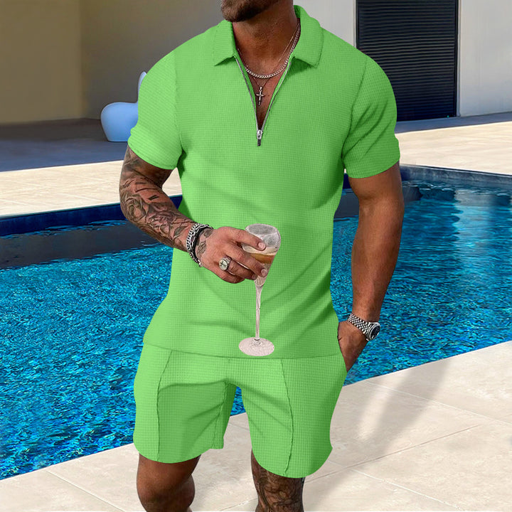 Herren lässiges Polo- und Shorts-Set mit Reißverschluss und strukturierter Oberfläche Echoarchiv