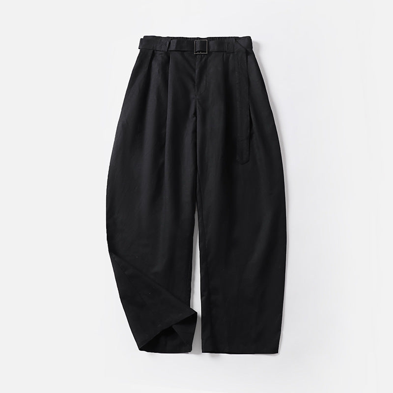 Damen Hochtaillierte Leinen-Baumwoll Bundfaltenhose mit Bindegürtel und tapered Bein Echoarchiv