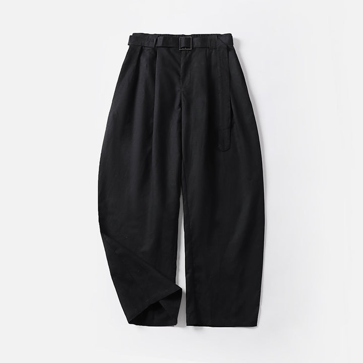 Damen Hochtaillierte Leinen-Baumwoll Bundfaltenhose mit Bindegürtel und tapered Bein Echoarchiv