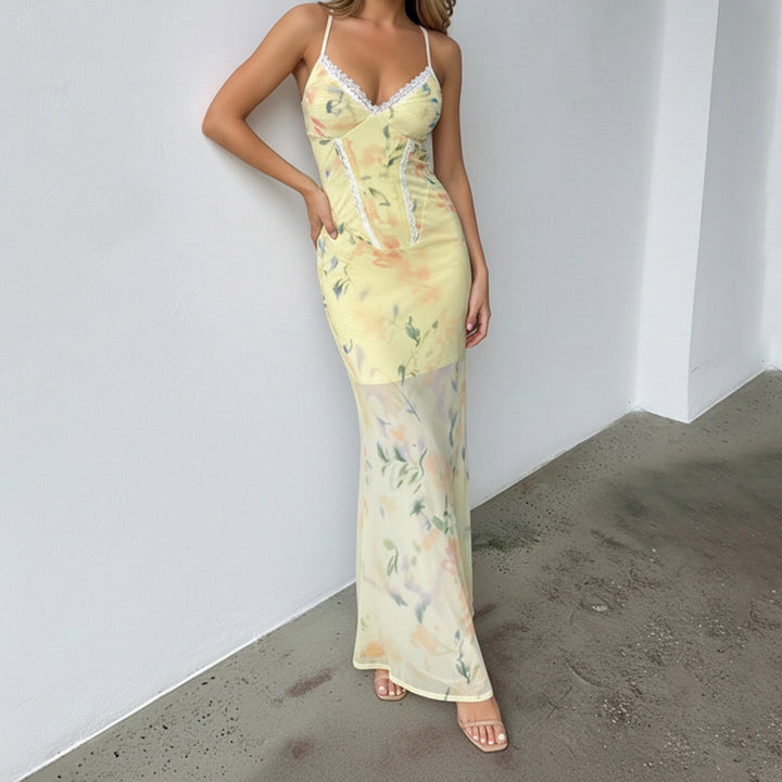 Damen Blumen Maxikleid mit raffinierten Spaghettiträgern und Spitzen-Akzenten Echo Archiv