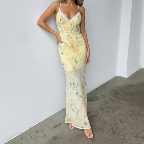 Damen Blumen Maxikleid mit raffinierten Spaghettiträgern und Spitzen-Akzenten Echo Archiv