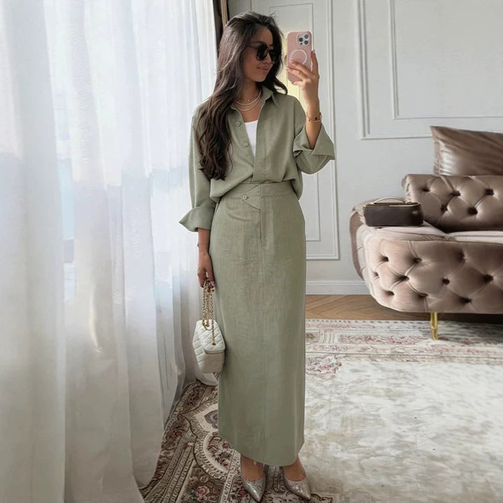 Damen Zweiteiliges Leinen-Set mit Oversized-Hemd und tailliertem Maxirock Echoarchiv