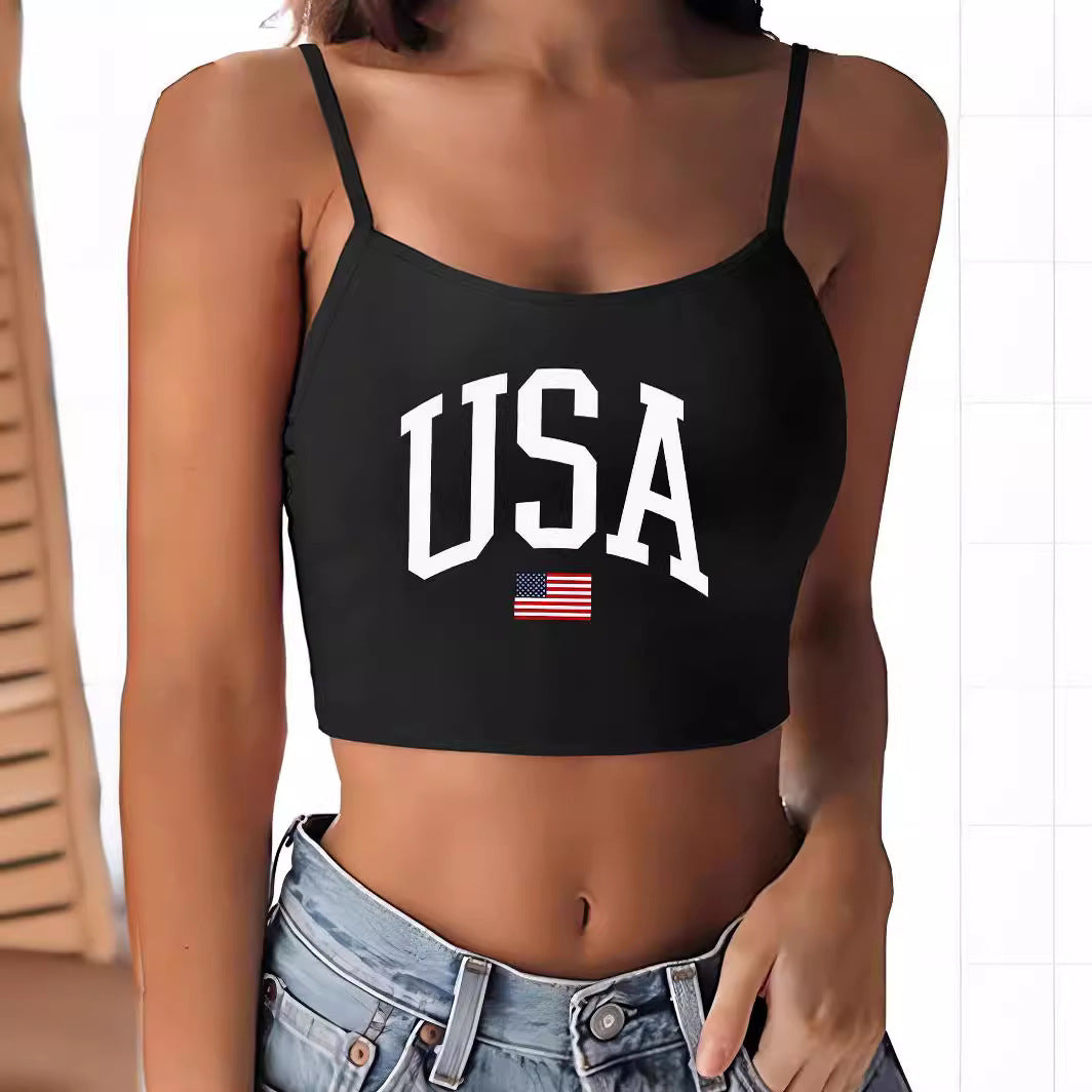 Damen Crop-Top mit motivierendem Statementdruck und feinen Spaghettiträgern Echo Archiv