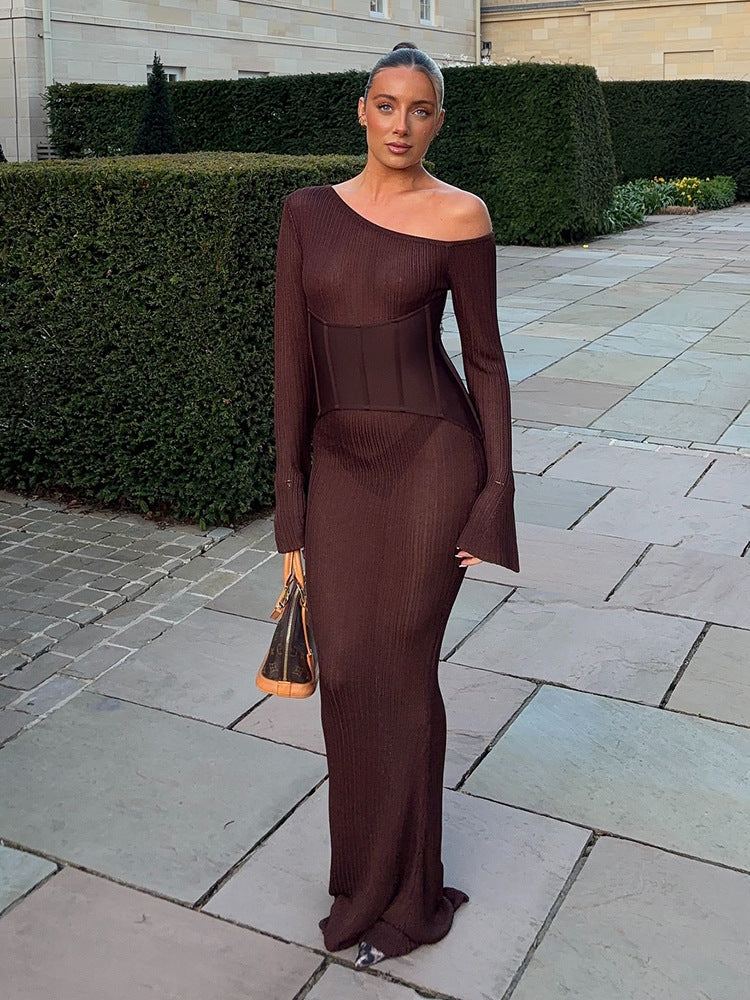 Damen One-Shoulder Maxikleid mit formendem Korsettbund und Rippstrick Echoarchiv