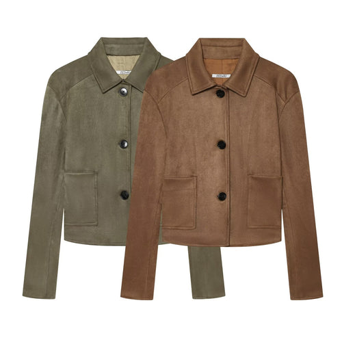 Damen Kurz geschnittener Velourslederblouson mit Hemdkragen und aufgesetzten Pattentaschen Echo Archiv