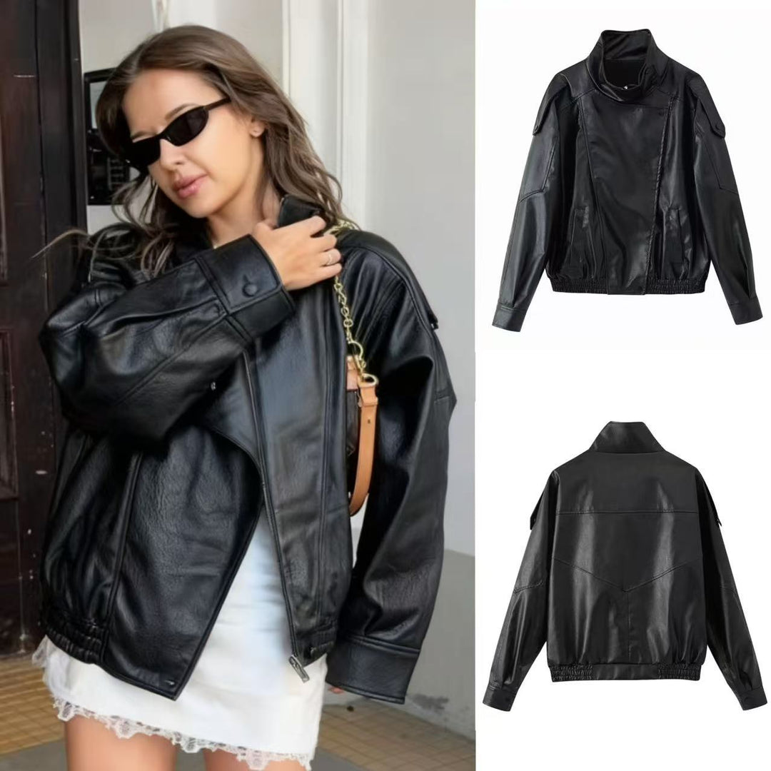 Unisex nan weite Bikerstil Kunstlederjacke mit Stehkragen und elastischem Saum Echo Archiv