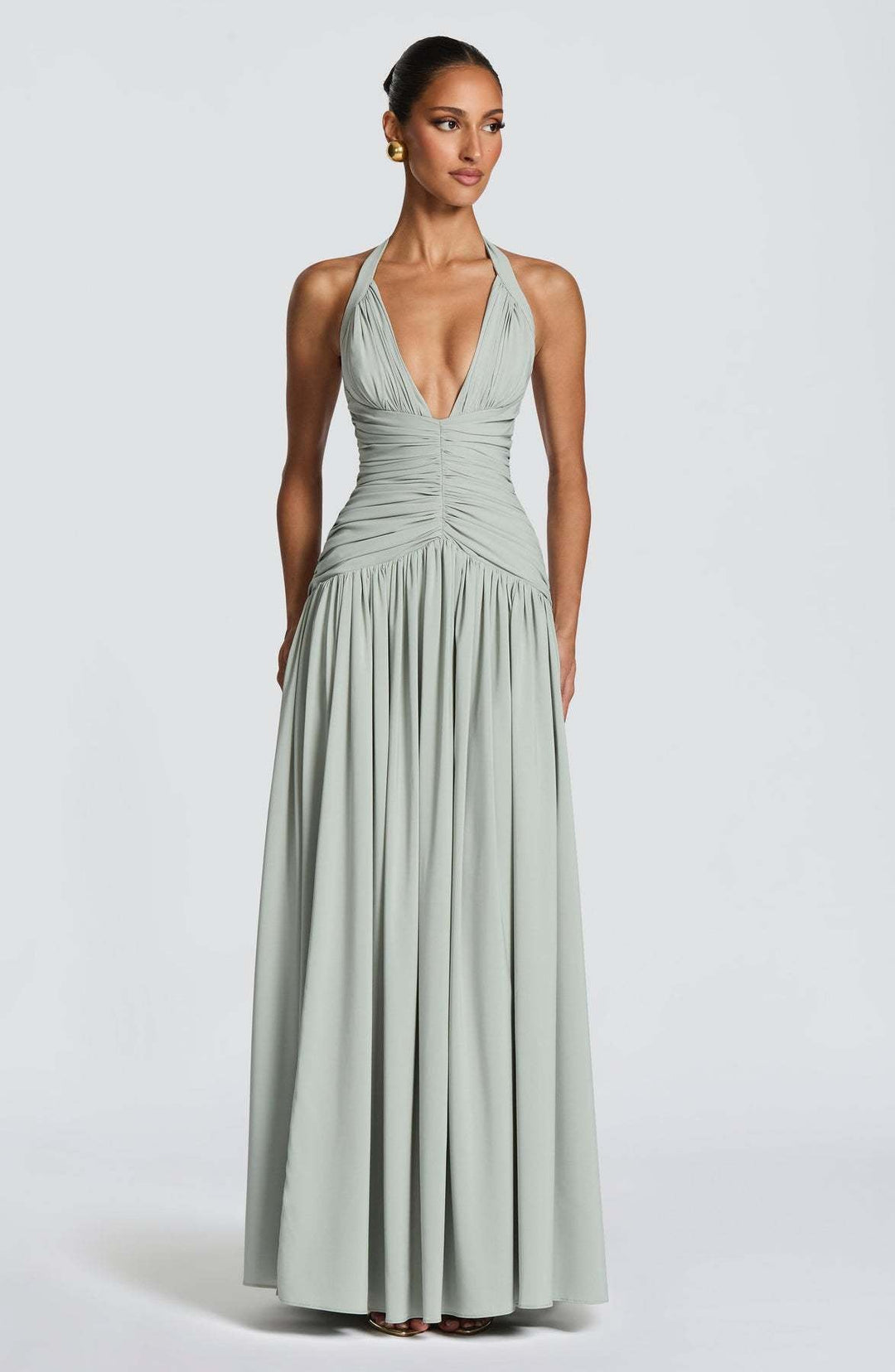 Damen Elegantes Maxikleid mit halterlosem Ausschnitt und raffiniertem Faltenwurf Echoarchiv