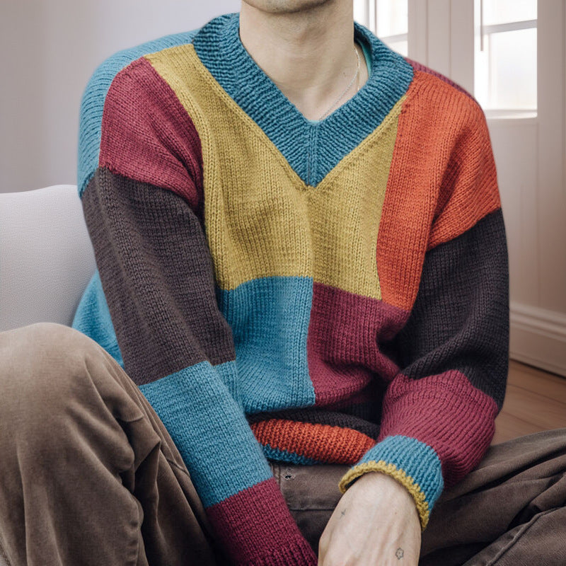 Herren gemusterter Pullover mit Farbblockdesign und modernem V-Ausschnitt Echoarchiv
