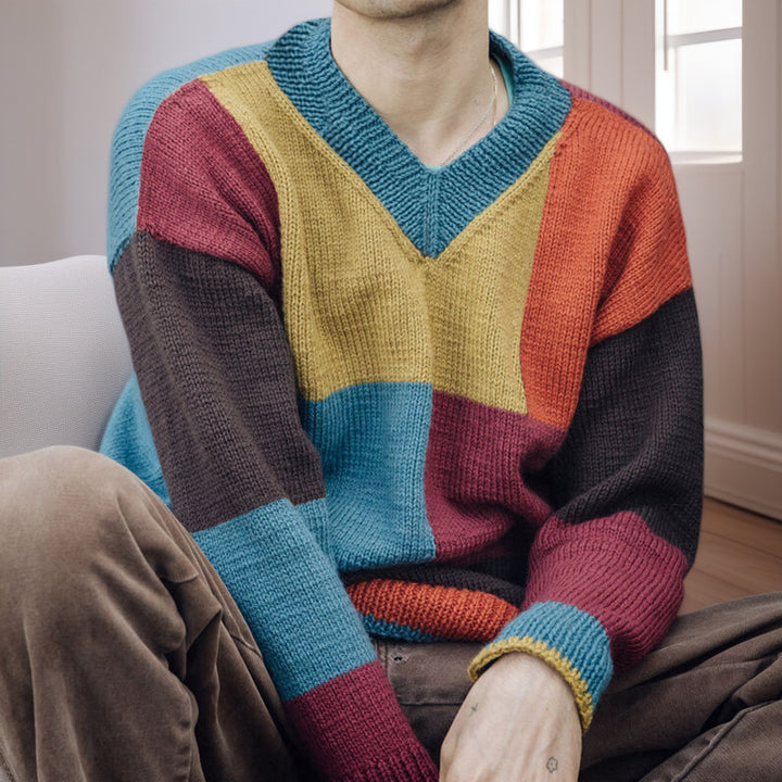 Herren gemusterter Pullover mit Farbblockdesign und modernem V-Ausschnitt Echoarchiv