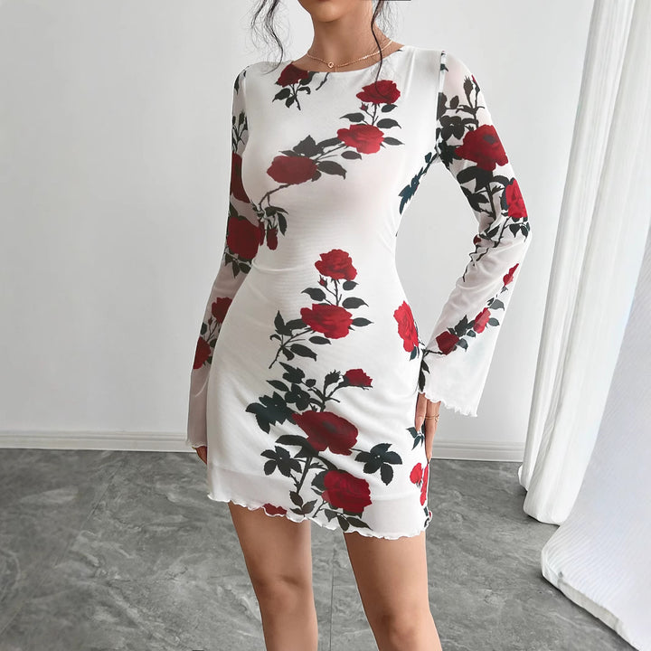 Damen nan figurbetontes Minikleid mit Rosenmuster und Trompetenärmeln Echo Archiv
