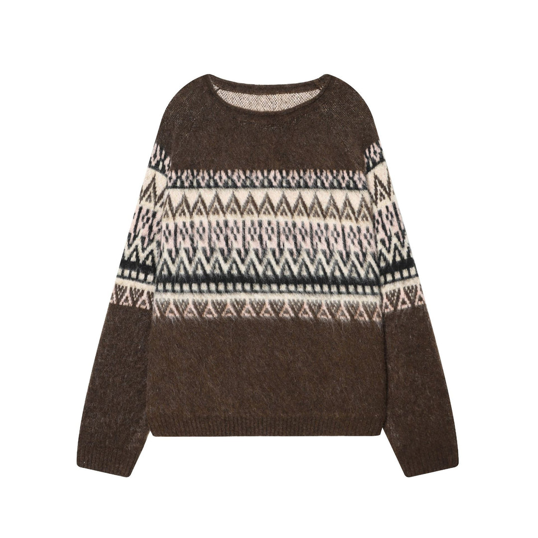 Damen Norwegerpullover aus Mohairmix mit Rundhalsausschnitt, lockerem Schnitt und Jacquardmuster – Mavelle