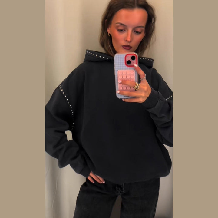 Damen Oversized Kapuzenpullover mit Nietenbesatz und Ballonärmeln Echo Archiv
