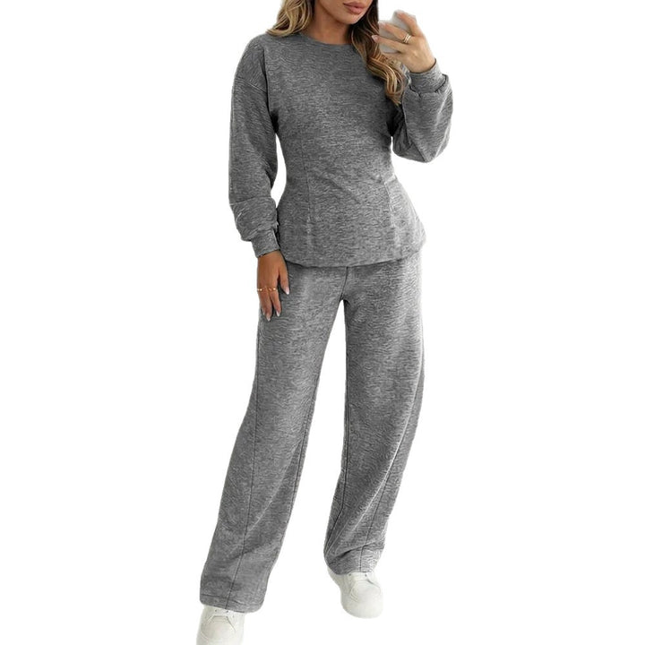 Damen Zweiteiliges Loungewear-Set aus Melange‑Jersey mit weitem Bein und Rundhalsausschnitt – Élanora
