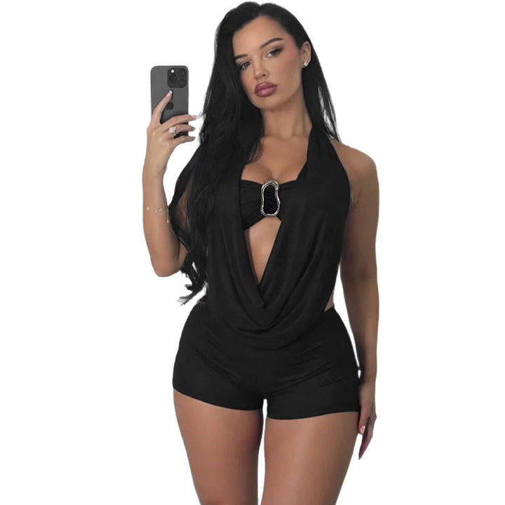 Damen Elegantes Jumpsuit mit tiefem V-Ausschnitt und dekorativem Ringdetail Echo Archiv