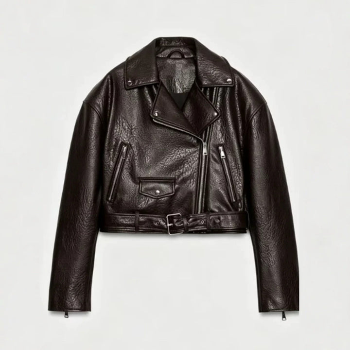 Damen Kurz geschnittene Bikerjacke aus Kunstleder mit Taillengürtel und asymmetrischem Reißverschluss Echoarchiv