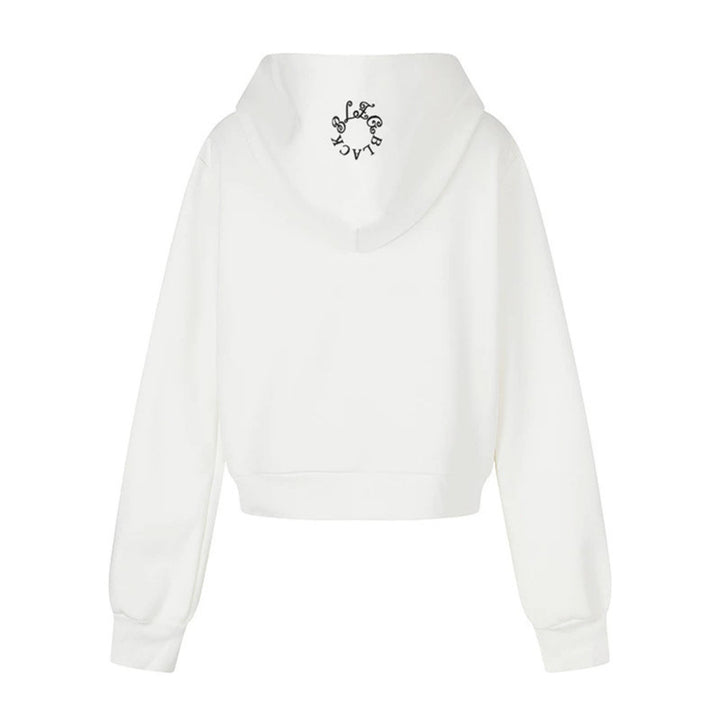 Damen Kapuzen-Sweatjacke mit Fotoprint, kurzem Cropped-Schnitt und Kreuz-Zipper Echoarchiv