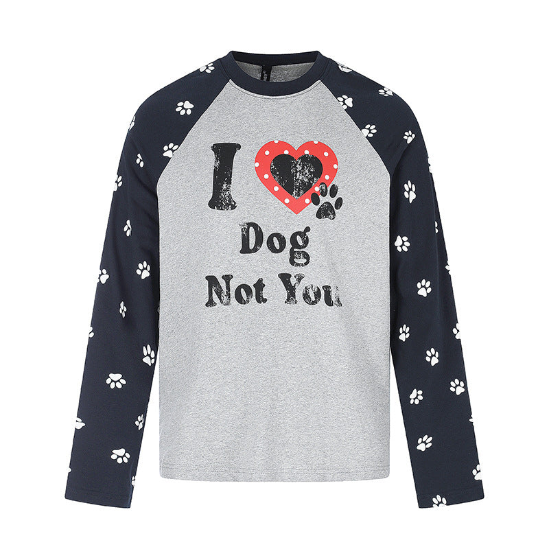 Damen Casual-Langarmshirt im Raglanstil mit Hunde-Pfotenmuster und Statement-Frontprint Echoarchiv