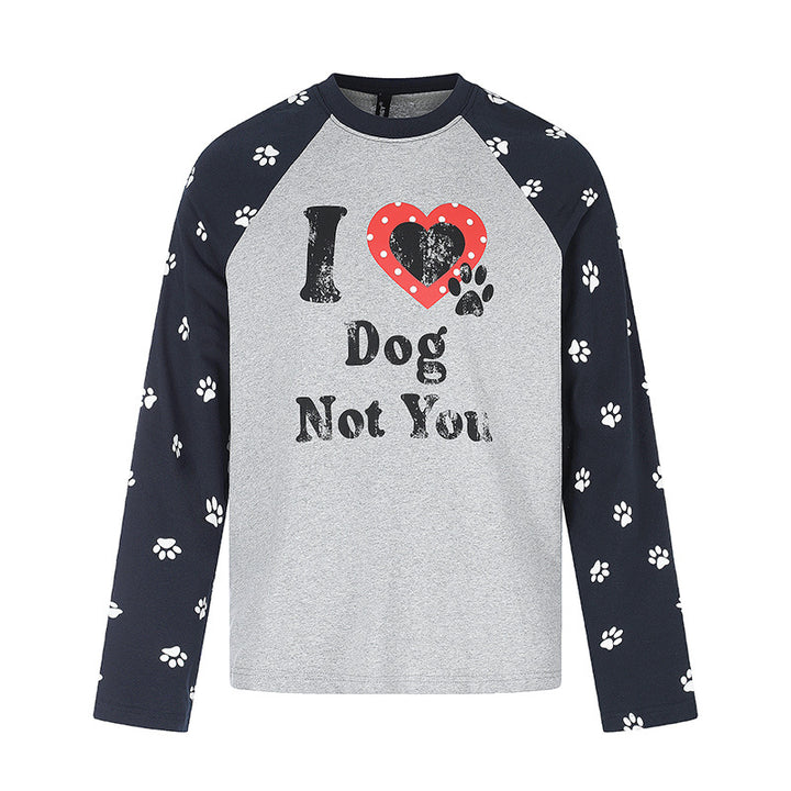 Damen Casual-Langarmshirt im Raglanstil mit Hunde-Pfotenmuster und Statement-Frontprint Echoarchiv
