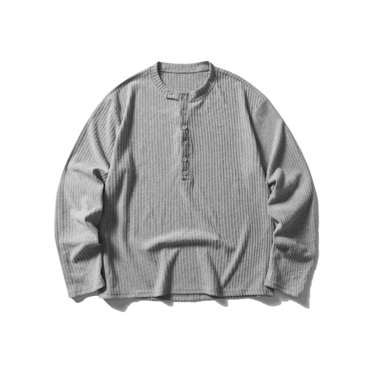 Unisex Gerippter Henley-Pullover mit Rundhals und durchgehender Knopfleiste Echoarchiv