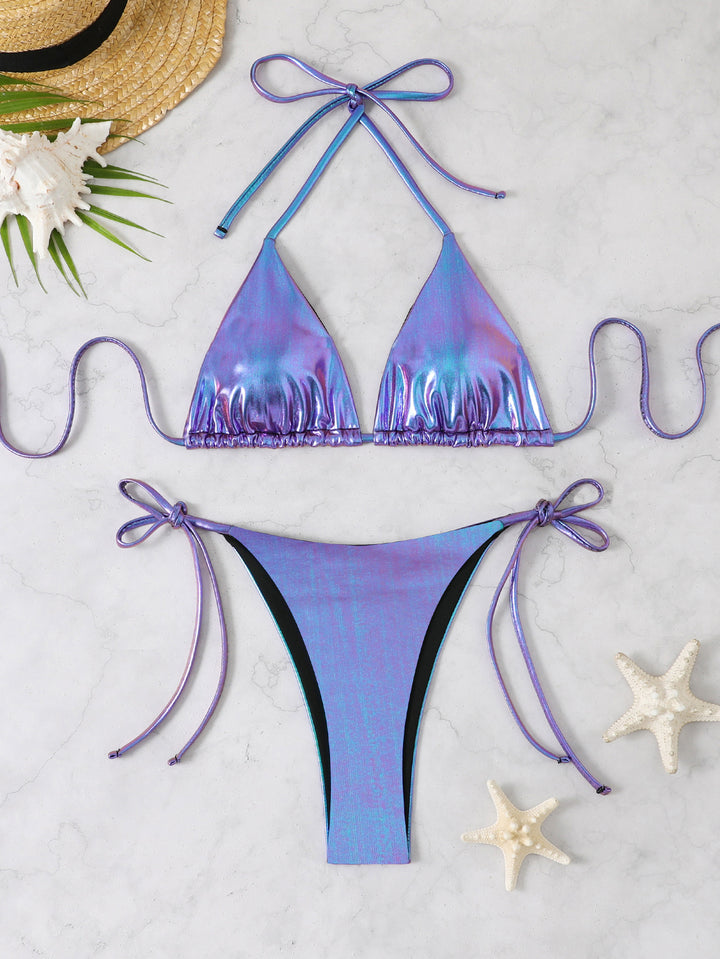 Damen Glänzendes Triangel-Bikini-Set mit verstellbaren Bändern Echo Archiv