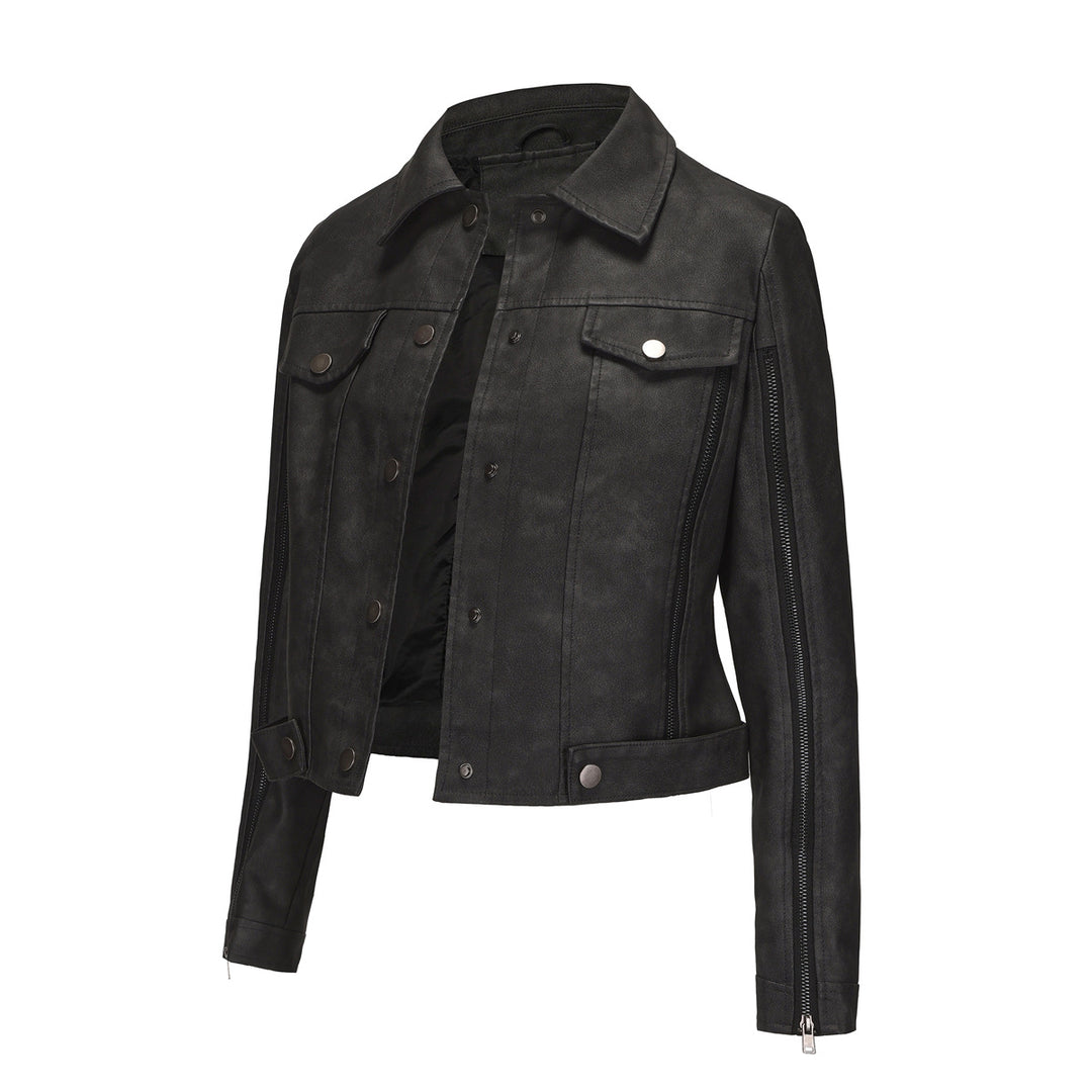 Damen nan kurze Cropped-Truckerjacke aus Wildlederoptik mit seitlichen Reißverschlüssen und aufgesetzten Brusttaschen Echo Archiv